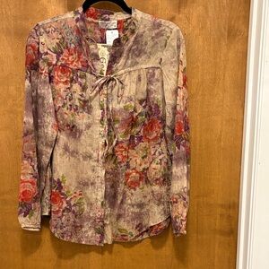 536. Vintage Goa Boho Floral Tie-Neck Blouse - Purple & Pink